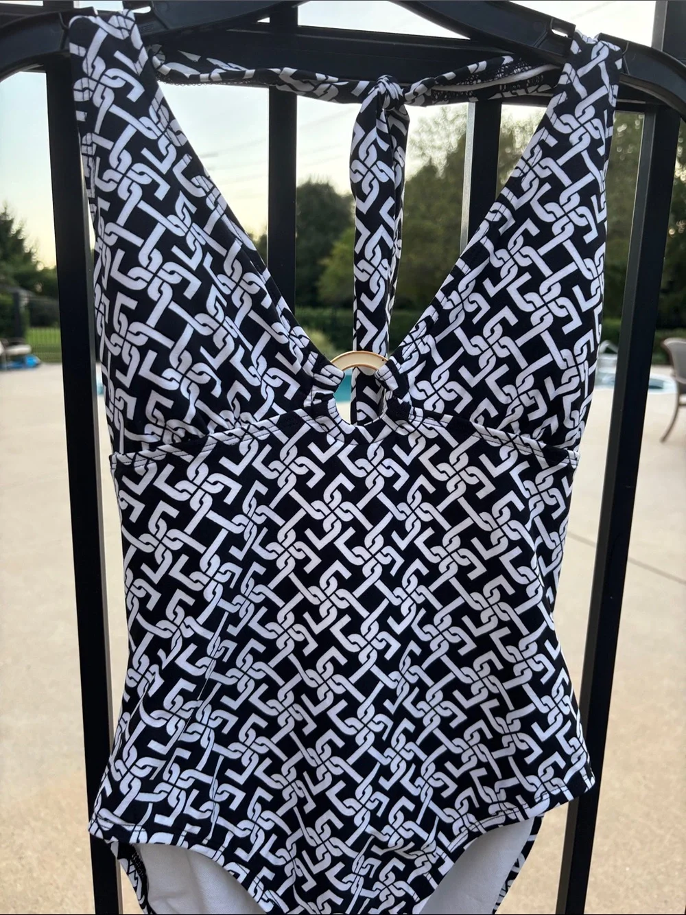 Chain  Black & White Chain-Print One-Piece Swimsuit Gold Ring at Bust
